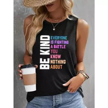 Be Kind Print Майка без рукавов Повседневный топ для лета и весны Женская одежда S чёрный