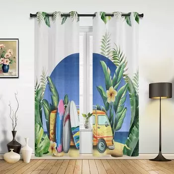 Beach Bus Tropical Leaves Summer Window Curtains for Living Room Luxury Bedroom Curtain Kitchen Blinds Drapes Curtains 135W x 60H(cm) x1