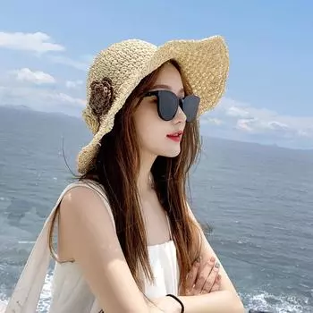 Beach Cap Lafite Straw Hat Foldable Weave Straw Cap Elegant Flower Sun Hat Outdoor