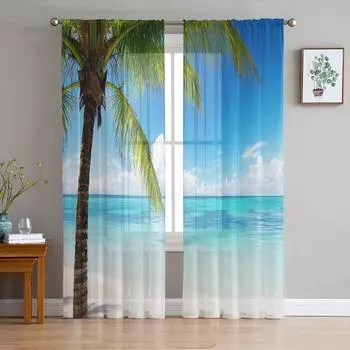 Beach Coconut Palm Tree Sheer Curtains for Living Room Decoration Window Curtains for Kitchen Tulle Voile Organza Curtains W135 x H115cm x1