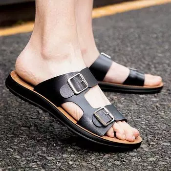 Beach Cool Leather Men Slippers Summer Brand Hot Sale Fashion Man Designer Simple Light Comfortable Outdoor Handmade Slippers 38 чёрный