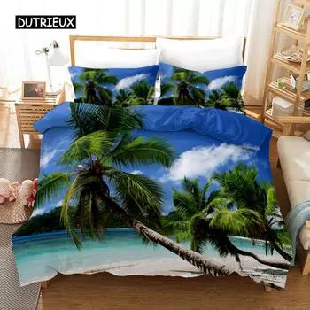Beach Duvet Cover Set Summer Beach Decor Hawaiian Vacation Style Bedding Set Polyester Palm Tree Tropical Nature Sea Quilt Cover EU single(135x200cm)