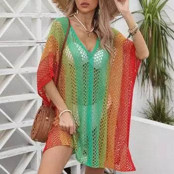 Beach holiday blouse women s gradual change of color hollow knit loose casual bikini dress One size