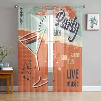 Beach Party Poster Retro Luxurious Chiffon Sheer Curtains for Living Room Bedroom Decoration Window Voiles Tulle Curtain 135W x 114H(cm)