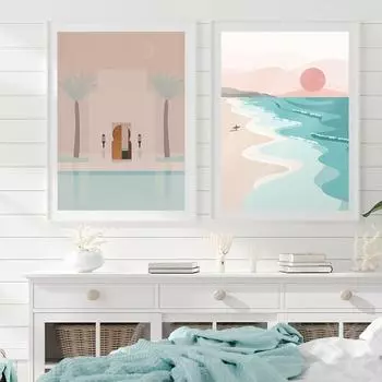 Пляжный принт Марокко Бохо Бассейн Пейзаж Холст Картина Настенные художественные принты Фотографии Плакат Гостиная Украшение дома 21x30cm No Framed