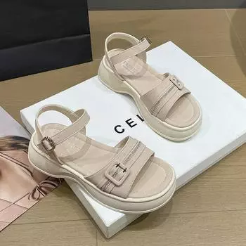 Beach sandals women s seaside summer 2024 new casual versatile thick-soled heightening one-word buckle with rhinestone sandals 35 чёрный