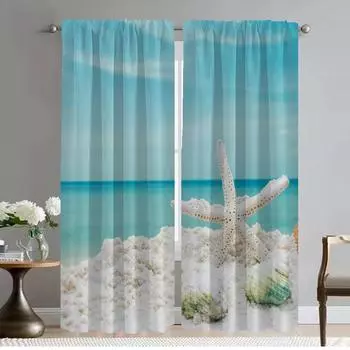 Beach Scenery Seashells Starfish Curtains for Living Room Curtain Partition Shades Home Interior Curtains 2 Pieces Kitchen Child W50xH70cmx2pcs-CL
