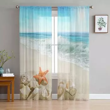 Beach Sea Starfish Shells Sheer Curtains for Living Room Decoration Window Curtains for Kitchen Tulle Voile Organza Curtains W135 x H115cm x1