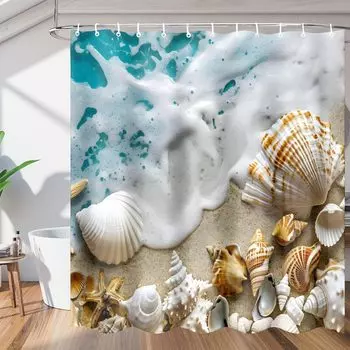 Beach Sea Waves Shell Starfish Shower Curtains 72x72 inch Snowman Xmas Tree Bathroom Shower Curtain Set with 12 Hooks, Polyester 90x180cm