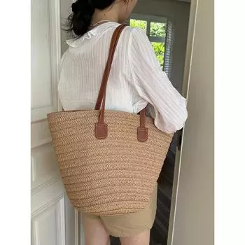 Beach Seaside Vacation One-Shoulder Underarm Bucket Bag Khaki
