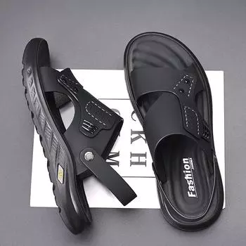 Beach shoes men s 2025 summer new cowhide breathable beach shoes men s casual non-slip cool slippers 38 чёрный