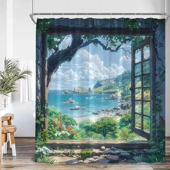 Beach Shower Curtain Seaside Landscape Outdoor Scenery Summer Vacation Bathroom Decor Holiday Polyester Bath Curtain with Hooks W90XH180cm