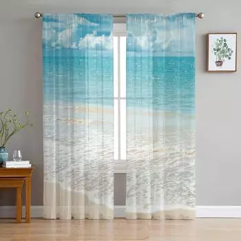 Beach Sky Sea Ocean Sheer Curtains for Living Room Decoration Tulle Voile Organza Window Curtains for Kitchen Bedroom W135 x H115cm x1&Rod Pocket