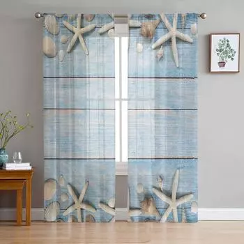 Beach Starfish Blue Wooden Texture Sheer Curtains for Living Room Decoration Window Curtains Kitchen Tulle Voile Curtains W135 x H115cm x1