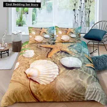 Beach Starfish Seashell King Queen Duvet Cover White Ocean Creatures Bedding Set Hawaii Quilt Cover Polyester Comforter Cover EU single(135x200cm)