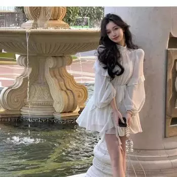 Шифоновое мини-платье Y2k в пляжном стиле, офисное женское повседневное элегантное цельное платье с длинными рукавами, корейская модная одежда, летняя одежда XL