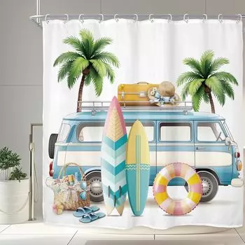Beach Surf RV Shower Curtain – Tropical Palm Tree & Camping Car Design, Coastal Theme Bath Decor for Men & Boys, with 12 Hooks W90XH180cm