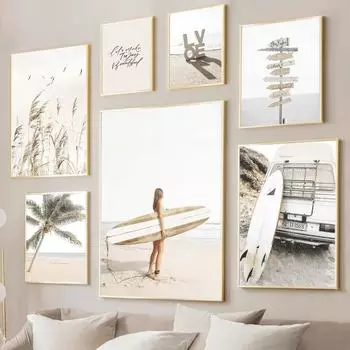 Пляжная доска для серфинга Морская звезда Тростник Летний прибой Пейзаж Бежевые постеры Картина на холсте Настенные художественные картины для декора гостиной 21X30cm No Frame