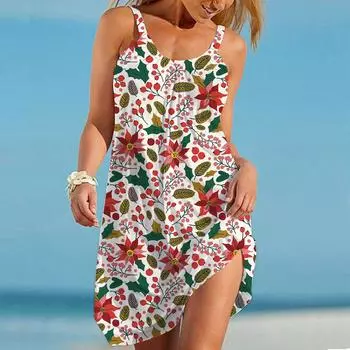 Пляжная одежда Мини-платье Подбор осеннего принта Повседневное современное платье Без рукавов Свободный крой Повседневное летнее платье для улицы XS зелёный