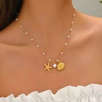 Beach Wind Jewelry Ocean Series Women s Long Shell Starfish Necklace Versatile Pearl Clavicle Chain