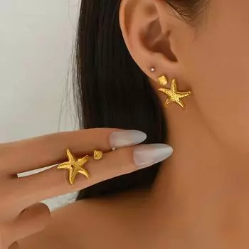 Beach Wind Women s Earrings Set Geometric Starfish Shell Diamond Design Stud Earrings Versatile Earrings
