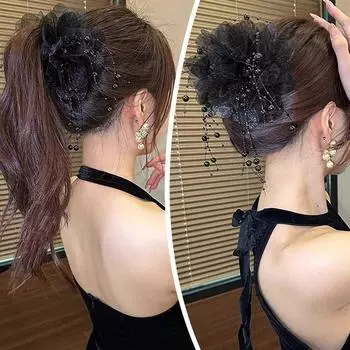 Заколка-бахрома из перьев и бусин 11 см, заколка-коготь из перьев пиона, 2024, цветочный темперамент D9M6 Black+coffee-11cm