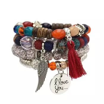 Beaded Multi-Layer Color Men s and Women s Couple Vintage Bracelet 18cm B- 0929-RE Red