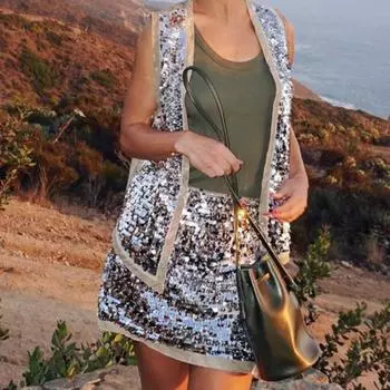 Бисеро-пайеточный жилет, комплект из полуюбок, безрукавка, жилет, блестящая повседневная юбка с высокой талией во французском стиле для женщин S