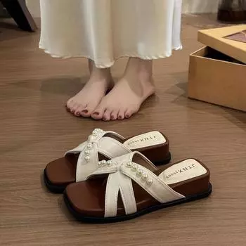 Beaded slope heel cool slippers women s new summer wear beautiful sandals comfortable with skirt vacation beach slippers 35