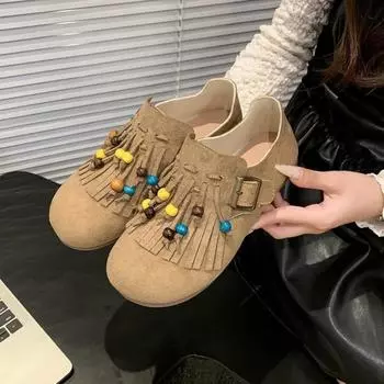 Beaded tassel fashion women s autumn and winter flat-bottomed bag head casual shoes retro with skirt lazy shoes 35
