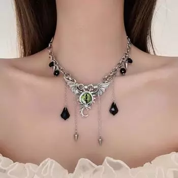 Beads Metal Chain Necklace Eye Punk Gothic Necklace Temperament Ghost Necklace Women Girls серебряный/зелёный
