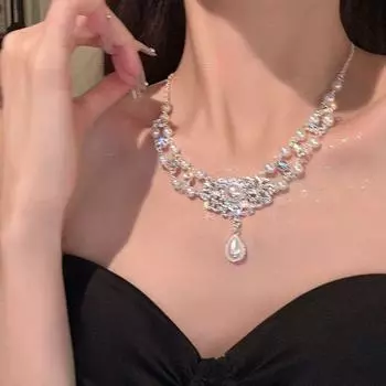 Beads Pearl Rhinestone Necklace Luxury Pearl Collarbone Chain Double Layer Necklace Party Pearl Necklace