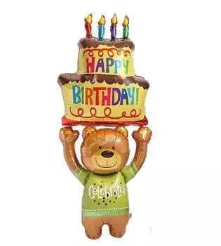 Bear Aluminum Balloon HAPPY BIRTHDAY Birthday Cake Big Size with Straw (Lifting Brown)