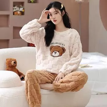 Bear Большие размеры бархатные женские пижамные комплекты зимние длинные рукава длинные штаны теплая одежда для сна пижамы для девочек уютная пижама мягкая удобная пижама M