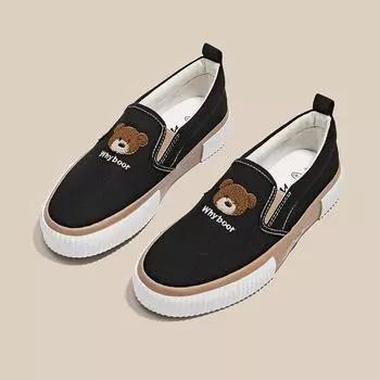 Bear Canvas Shoes Female Student Loafers Versatile Lazy Shoes Flats One Pedal Board Shoes 35 белый