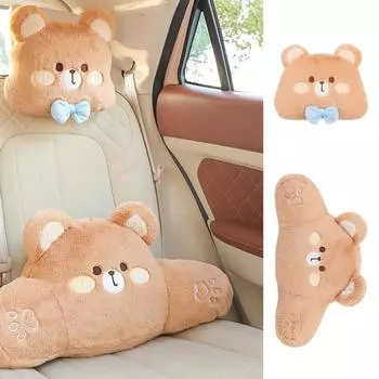 Bear Car Headrest Pillow Plush Cute Lumbar Support Pillow Plush Bear Shape Waist Cushion Cute Headrest Pillows For Car Front