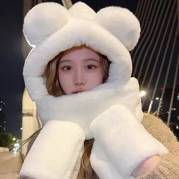Bear Ears Hat Made of Natural Rabbit Fur Women s Winter Fashion Thickened Warm Plush Hat Scarf for Outdoor Skiing Hooded Scarf белый