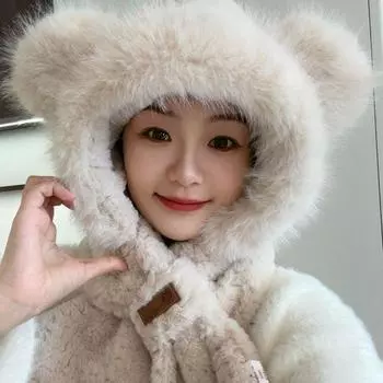 Bear Hat Women s Autumn and Winter Scarf All-in-One Warm Keeping Ear Protection Cute Plush Bonnet Riding Cold-Proof Scarf Makes Face Look Small Apricot color One size