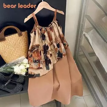 Bear Leader для девочек 3, 4, 5, 6, 7 лет, лоскутные платья, новое летнее повседневное платье на бретельках с граффити, детская одежда 3T