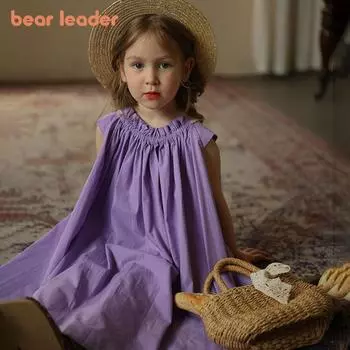 Bear Leader 3-7 лет, летнее фиолетовое платье принцессы для девочек, однотонная плиссированная повседневная детская одежда без рукавов AZ4413 3T