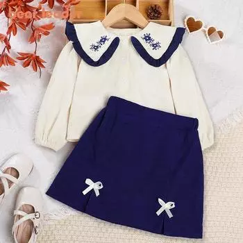 Комплект для девочек Bear Leader Autumn, рубашка-поло с цветочной вышивкой + короткий костюм из двух предметов с бантом, детская одежда AH9465 3T