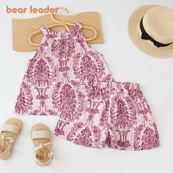 Bear Leader, футболка с принтом без рукавов и круглым вырезом, шорты с цветочным принтом, комплект из двух предметов для девочек, летние детские наряды для детей 3-7 лет 3T