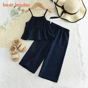 Bear Leader, однотонный летний модный плиссированный топ с ремешками для девочек и широкие брюки, повседневный комплект детской одежды из 2 предметов, AZ4416 6T