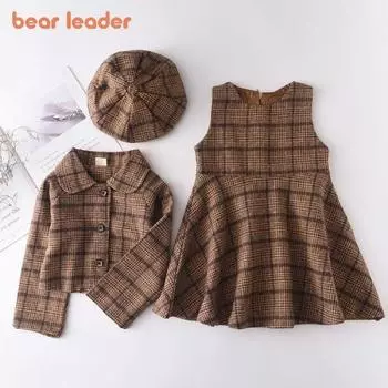 Bear Leader, осенне-зимняя повседневная шерстяная куртка для девочек + платье + берет, комплект из трех предметов, модная детская одежда для детей 2–6 лет AH4070 2T