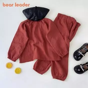 Bear Leader, осенний красный двухслойный плиссированный топ с длинными рукавами для девочек от 1 до 5 лет + брюки, модная детская одежда, комплект из двух предметов TZ224 3Y