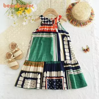 Летнее цветное клетчатое платье с нашивками Bear Leader для девочек 3–7 лет, детская повседневная одежда в горошек без рукавов, AZ4419 3T
