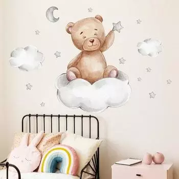 Bear Moon Clouds Stars Wall Stickers Bedroom For Baby Kids Room Background Home Decoration Living Room Wallpaper Nursery Sticker