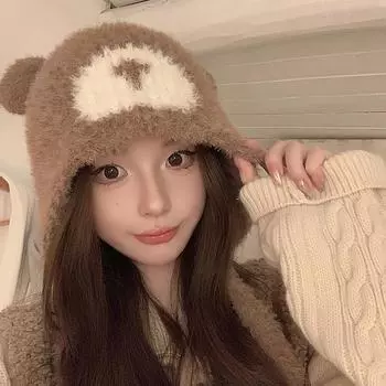 Bear plush knitted hat autumn and winter new cute fashion wool hat thermal protective ear hat children M56-58cm чёрный