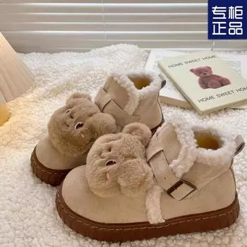 Bear warm fluffy snow boots winter 2024 new cartoon thickened non-slip cotton shoes popular flat short boots 35 коричневый