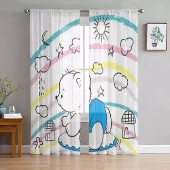 Bear World Cartoon Tulle Sheer Curtains for Living Room Decoration Curtain for the Room Bedroom Kitchen Voile Organza Curtains 135W x 114H(cm)
